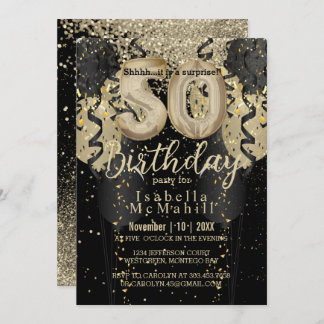 Black and Gold Glitzer 50. Geburtstag Einladung