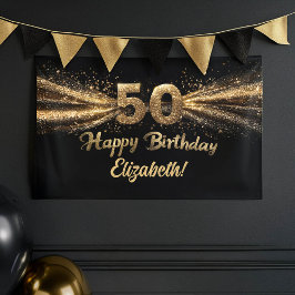 Black and Gold Glitzer 50 Happy Birthday Party Banner
