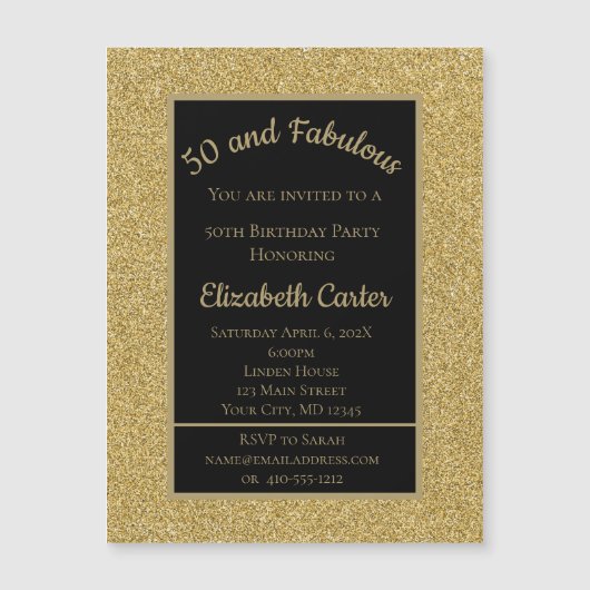 Black and Gold Glitzer 50 und fabelhafter Geburtst Magnetkarte (Vorderseite)