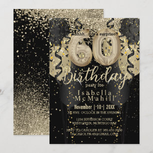 Black and Gold Glitzer 60. Geburtstag Einladung