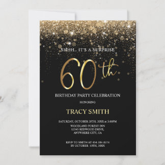Black and Gold Glitzer 60. Überraschung Geburtstag Einladung
