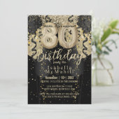 Black and Gold Glitzer 80. Geburtstag Einladung (Stehend Vorderseite)