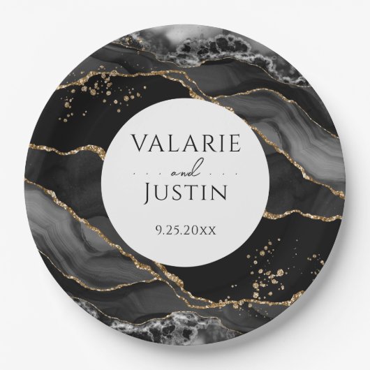 Black and Gold Glitzer Agate Wedding Paper Teller (Vorderseite)