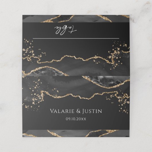 Black and Gold Glitzer Agate Wedding Platzkarte (Außenseite Aufgefaltet)