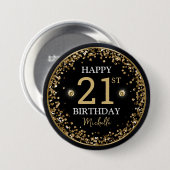 Black and Gold Glitzer Confetti Birthday Button (Vorne & Hinten)