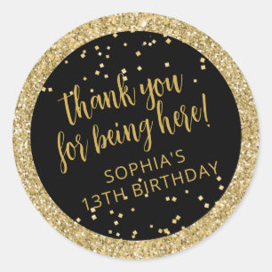 Black and Gold Glitzer Confetti Birthday Vielen Da Runder Aufkleber