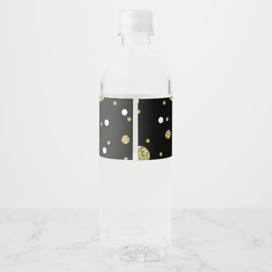 Black and Gold Glitzer Confetti Birthday Wrap Wasserflaschenetikett (Rückseite)