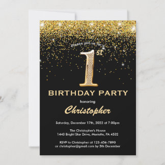 Black and Gold Glitzer Confetti zum 1. Geburtstag Einladung