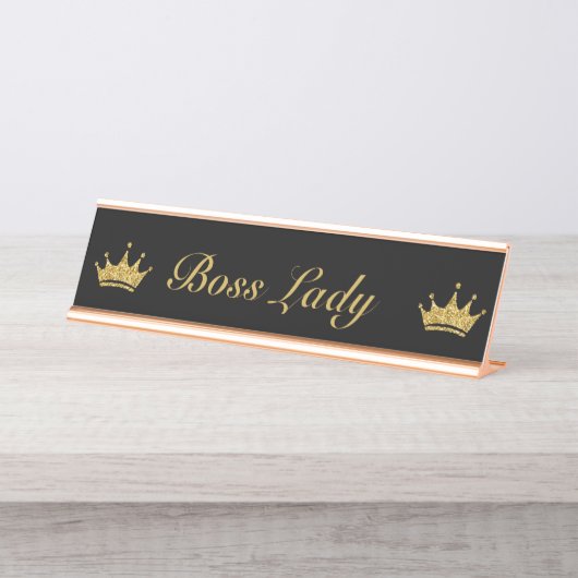 Black and Gold Glitzer Crown Fun Royal Boss Lady Schreibtischnamensplakette (Vorderseite )