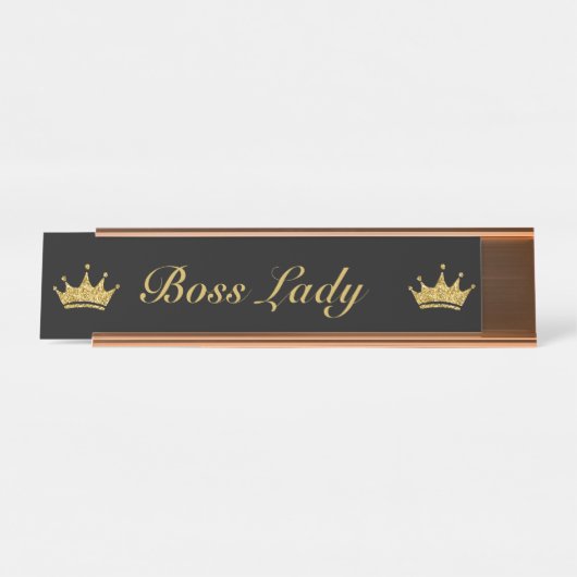 Black and Gold Glitzer Crown Fun Royal Boss Lady Schreibtischnamensplakette (Vorderseite )