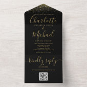 Black and Gold Glitzer Eleganter QR Code Hochzeit All In One Einladung (Innen Boden)