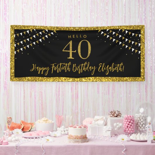 Black and Gold Glitzer Fortieth Birthday Hallo 40 Banner (Party)