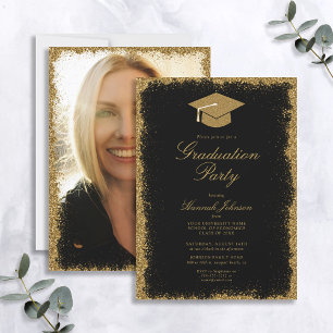 Black and Gold Glitzer Foto Graduation Party Einladung