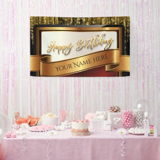 Black and Gold Glitzer Happy Birthday Banner (Party)
