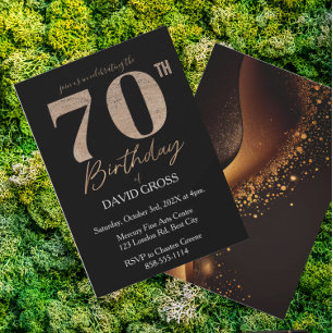 Black and Gold Glitzer Swirl 70. Geburtstag Einladung