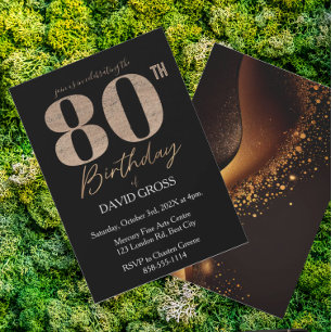 Black and Gold Glitzer Swirl 80. Geburtstag Einladung