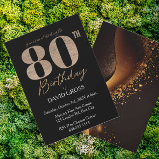 Black and Gold Glitzer Swirl 80. Geburtstag Einladung
