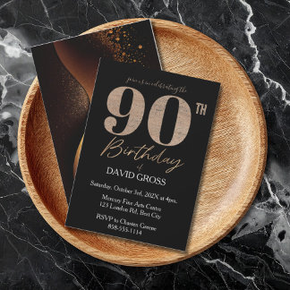 Black and Gold Glitzer Swirl 90. Geburtstag Einladung