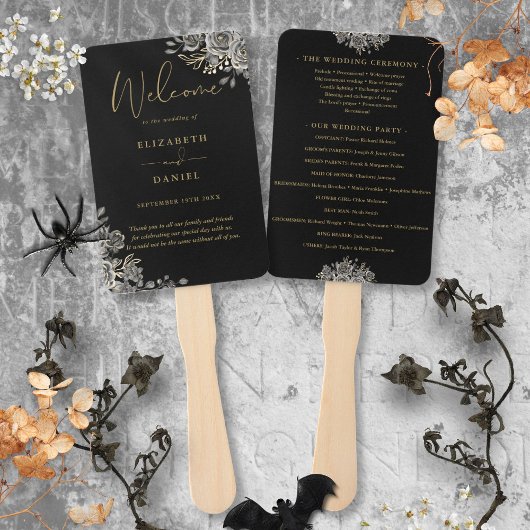 Black and Gold Gothic Floral Wedding Program Fächer