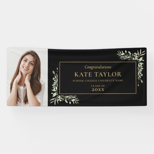 Black and Gold Greenery Abschluss Foto Glückwünsch Banner (Horizontal)