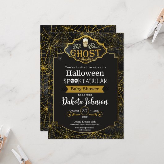 Black and Gold Halloween Baby Showeinladung Karte (Vorderseite/Rückseite Beispiel)