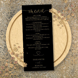 Black and Gold Heart Script Hochzeitsessen Menükarte