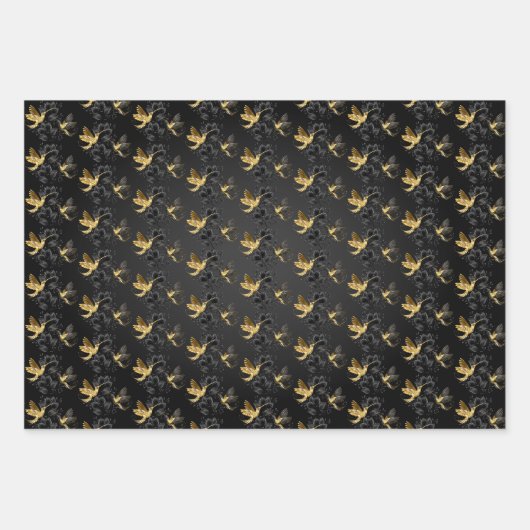 Black and Gold Hummingbird Geschenkpapier Set (Vorderseite)