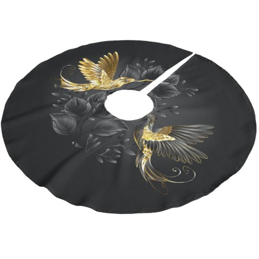Black and Gold Hummingbird Polyester Weihnachtsbaumdecke (Schrägansicht)