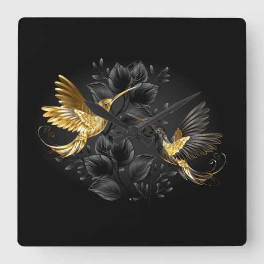 Black and Gold Hummingbird Quadratische Wanduhr (Vorderseite)