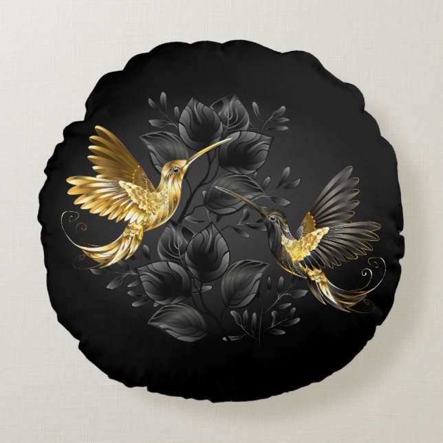 Black and Gold Hummingbird Rundes Kissen (Vorderseite)