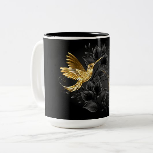 Black and Gold Hummingbird Zweifarbige Tasse (Vorderseite Links)