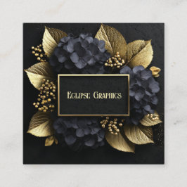 Black and Gold Hydrangea Floral Geometric Modern Quadratische Visitenkarte