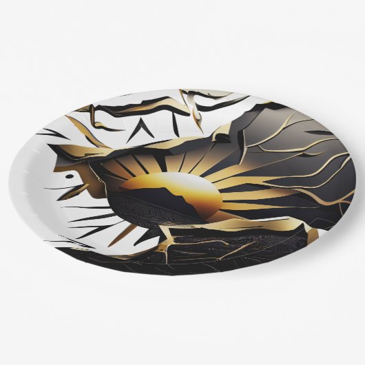 Black and Gold Kintsugi Style Sunrise Pappteller (Schrägansicht)