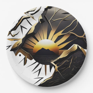 Black and Gold Kintsugi Style Sunrise Pappteller