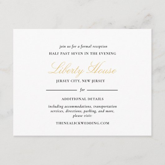 Black and Gold Lace Eleganter Script-Empfang Begleitkarte (Vorderseite)