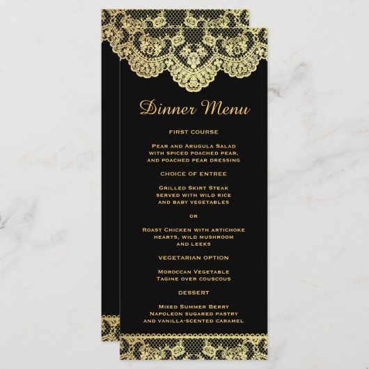Black and Gold Lace Slim Dinner Menü Menükarte (Vorne/Hinten)