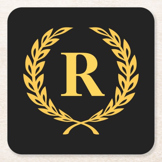 Black and Gold Laurel Wreath Monogram Rechteckiger Pappuntersetzer (Vorderseite)