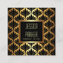 Black and Gold Lotus Blume Square Business Card