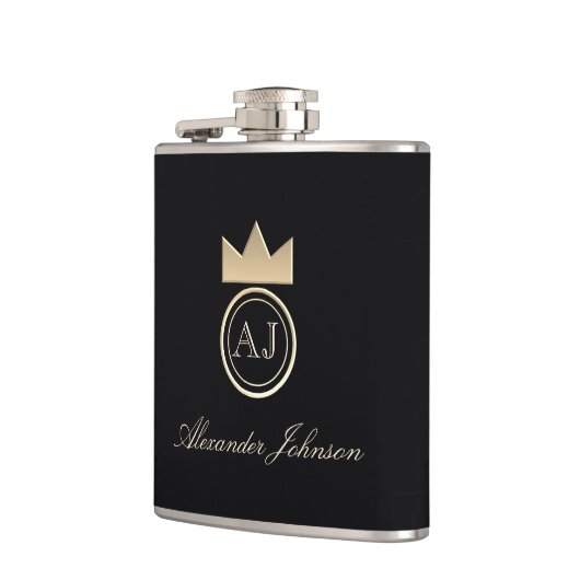 Black and Gold Luxury Elegant Einfach Mit Monogram Flachmann (Links)