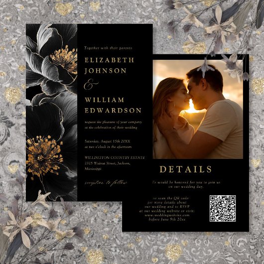 Black and Gold Luxury Floral Foto QR Code Hochzeit Einladung