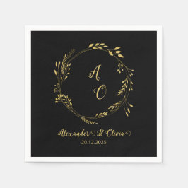 Black and Gold Luxury Floral Wedding Napkins Serviette