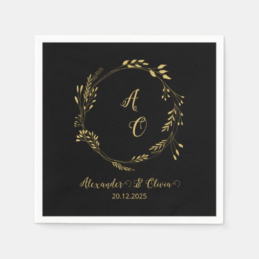 Black and Gold Luxury Floral Wedding Napkins Serviette (Vorderseite)