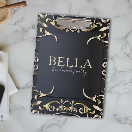 Black and Gold Luxus Chic Baroque Business Name Klemmbrett