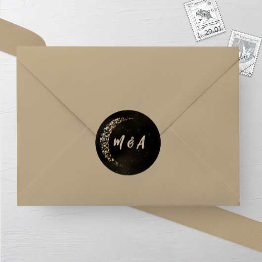 Black and Gold Moon and Back Wedding Runder Aufkleber