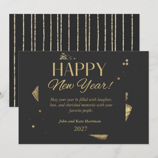 Black and Gold New Years Greeting Card Einladung (Vorne/Hinten)