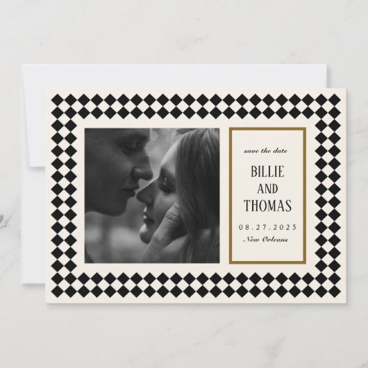 Black and Gold on Ivory Checkerboard Border Jazz Save The Date (Vorderseite)