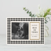 Black and Gold on Ivory Checkerboard Border Jazz Save The Date (Stehend Vorderseite)