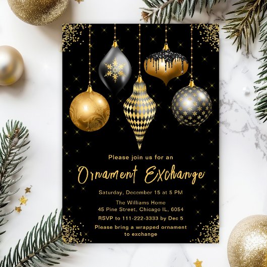 Black and Gold Ornament Exchange Party Einladung