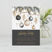 Black and Gold Ornamente Baubles Holiday Party Einladung (Stehend Vorderseite)