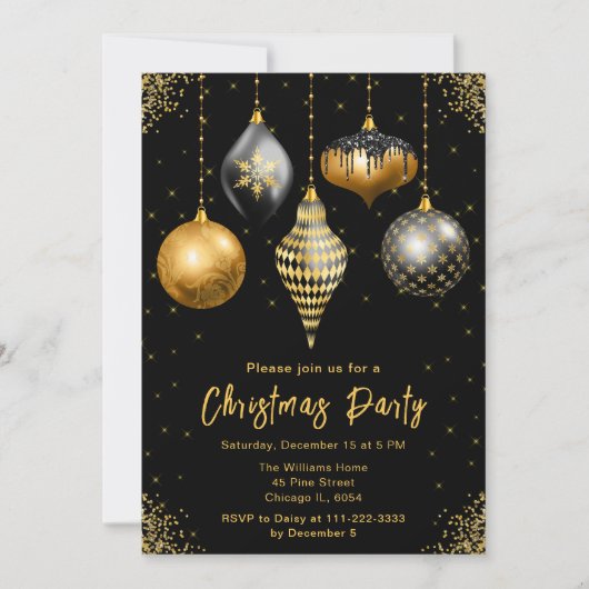 Black and Gold Ornaments Christmas Party Einladung (Vorderseite)